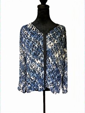 CAbi Fatale #977 Blue, Black and White Animal Printed Top